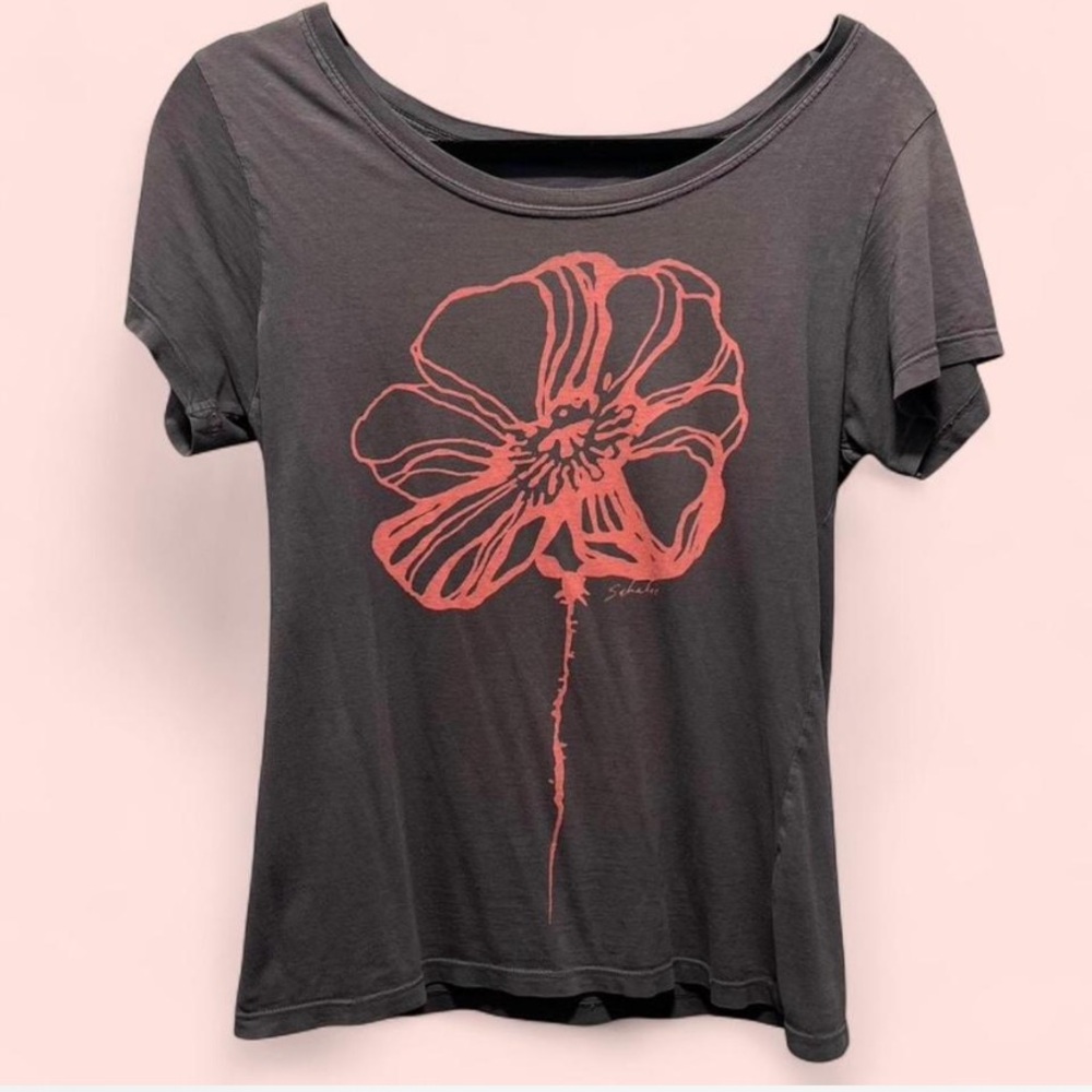 Sahalie Charcoal Tee with Coral Floral Design